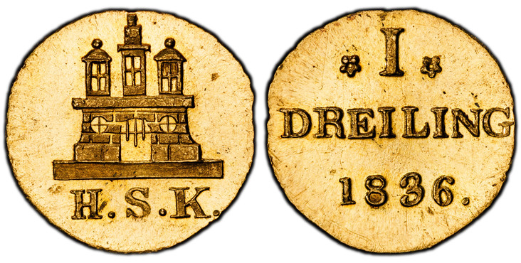 1086099 GERMAN STATES. Hamburg. 1836 AV Pattern Dreiling. PCGS SP64.  0.72gm. Gateway with an open portcullis; H.S.K. below / Denomination and date. KM PnA16; AKS 31; Jaeger 43.

Patterns. KM#543.

Please use this link to verify the PCGS certifica...