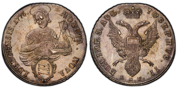 1085981 GERMAN STATES. Lubeck. 1776 H•D•F• (Hermann Daniel Friederichs) AR Thaler. PCGS MS61.  42.8mm. MONETA. NOVA - LUBECENSIS. Half-length facing figure of St. John with lamb, shield of mayor's arms in baroque frame below in front, date at end ...