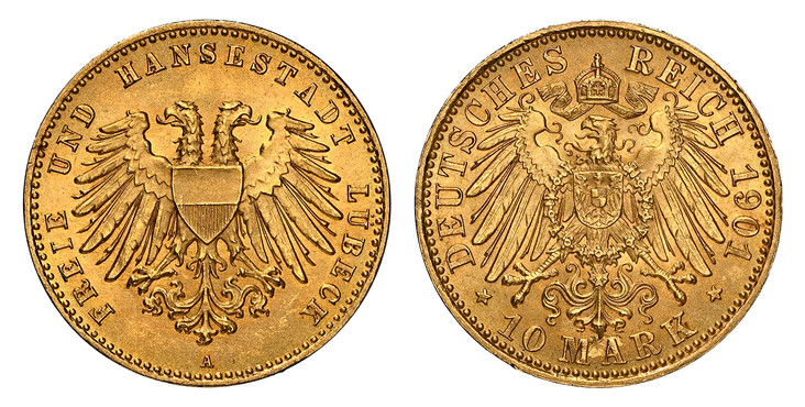 1085092 GERMAN STATES. Lubeck. 1901-A AV 10 Mark. NGC MS66 Mint Error.  Berlin. Edge: ~ * ~. Double imperial eagle with divided shield on breast / Crowned imperial eagle, shield on breast. KM 211; Jaeger 227.

Reverse struck thru.

Please use this...