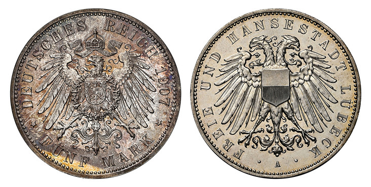1086321 GERMAN STATES. Lubeck. 1907-A AR 5 Mark. NGC PF65.  Berlin. Double imperial eagle with divided shield on breast / Crowned imperial eagle, shield on breast. KM 213. Proof; Jaeger 83.

Please use this link to verify the NGC certification num...