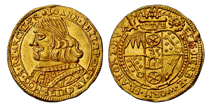 1086370 GERMAN STATES. Mainz. Johann Philipp von Schönborn. (Archbishop, 1647-1673). 1664-(Crossed axes) MF AV Ducat. NGC MS63.  20mm. 3.46gm. Large armored bust of Johann Philip, left / Coat-of-arms surmounted by elector's cap and cross; sword an...