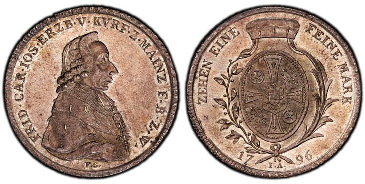 1085982 GERMAN STATES. Mainz. Friedrich Karl Josef. 1796 FS//IA AR Thaler. PCGS MS62.  40mm. 28.02gm. FRID · CAR · IOS · ERZB · V · KVRF · Z · MAINZ F · B · Z · W ·. Bust right / ZEHEN EINE - FEINE MARK. Cap above oval arms within palm and laurel ...