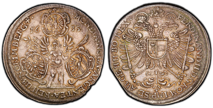1085970 GERMAN STATES. Nürnberg. 1635 (b) AR Thaler. PCGS AU55.  41.6mm. 29.15gm. •MONETA•NOUA•ARGENTEA• REIPUB:NORIMBERG•+• . Cherub surrounded by three shields with date above / FERDINANDI•II•D:G:ROM:IMP:SE:AU:GE: HU:BO:REX*. Crowned double-head...