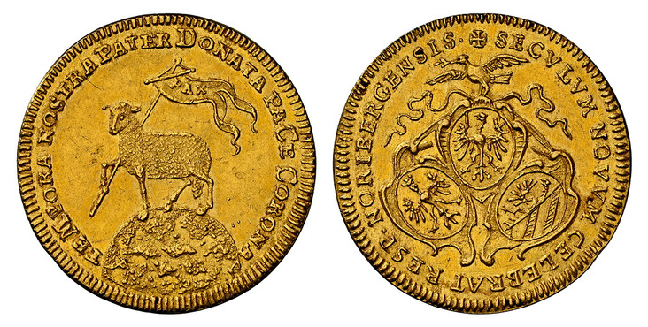 1085507 GERMAN STATES. Nürnberg. MDCC (1700) AV Ducat. NGC AU58.  + SECVLVM NOVVM CELEBRAT RESP. NORIMBERGENS . Three shields of arms / TEMPORA NOSTRA PATER DONATA PACE CORONA. Paschal lamb, date in legend. Kellner 71; Fr.-1885.

Please use this l...