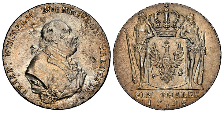 1085983 GERMAN STATES. Prussia. Friedrich Wilhelm II. 1796 AR Thaler. NGC AU58.  36.3mm. 22.08gm. FRIED: WILHELM KOENIG VON PREUSSEN. Bust right / EIN THALER. Crowned eagle arms with supporters, value and date below. KM 360.1; Dav.-2599.

Please u...