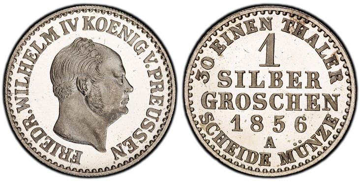 1086168 GERMAN STATES. Prussia. Friedrich Wilhelm IV. 1856-A AR Groschen. PCGS PR67DCAM (Deep Cameo).  Berlin. 18.5mm. 2.22gm. FRIEDR. WILHELM IV KOENIG V. PREUSSEN. Older head / 30 EINEN THALER above SCHEIDE MUNZE below. 1 / SILBER / GROSCHEN / d...