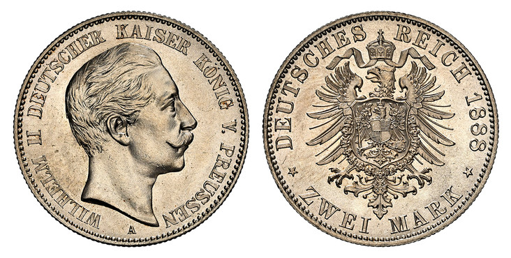 1086172 GERMAN STATES. Prussia. Wilhelm II. (Kaiser, 1888-1918). 1888-A AR 2 Mark. NGC MS66+.  Berlin. WILHELM II DEUTSCHER KAISER KONIG V. PREUSSEN. Head right / DEUTSCHES REICH date, ZWEI MARK below. Crowned imperial eagle. KM 511; Jaeger 100.

...