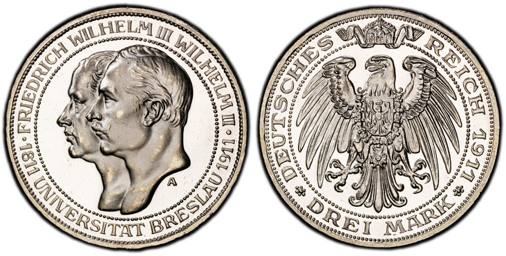 1085086 GERMAN STATES. Prussia. Wilhelm II. (Kaiser, 1888-1918). 1911-A AR 3 Mark. PCGS PR65 Cameo.  Berlin. Edge: GOTT MIT UNS. Friedrich Wilhelm III, Wilhelm II left within circle / Crowned imperial eagle with shield on breast. KM 531. Proof; Ja...