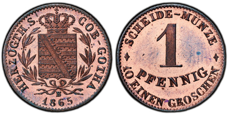 1086170 GERMAN STATES. Saxe-Coburg-Gotha. Ernst II. 1865 B CU Pfennig. PCGS PR66RB (Red-Brown).  Vienna. 17mm. 1.48gm. HERZOGTH. S. - COB.-GOTHA. B below arms and above date / SCHEIDE MÜNZE - 10 EINEN GROSCHEN. Denomination. KM 136; Jaeger 290; AK...