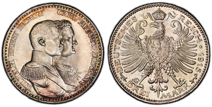 1085184 GERMAN STATES. Saxe-Weimar-Eisenach. Wilhelm Ernst. 1915-A AR 3 Mark. PCGS MS65.  Berlin. Edge: GOTT MIT UNS. 16.64gm. Wilhelm Ernst and Carl August right / Crowned imperial eagle with shield on breast. KM 222. Proof; Jaeger 163.

struck t...