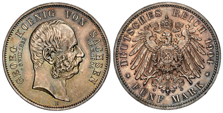 1083254 GERMAN STATES. Saxony-Albertine. Georg. 1904-E AR 5 Mark. NGC MS65.  Muldenhutten. Edge: GOTT MIT UNS. Head right / Crowned imperial eagle with shield on breast. KM 1258; Jaeger 133.

Please use this link to verify the NGC certification nu...