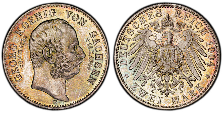 1085180 GERMAN STATES. Saxony-Albertine. Georg. 1904-E AR 2 Mark. PCGS MS66.  Muldenhutten. Edge: Reeded. 28mm. 11.11gm. Head right / Crowned imperial eagle with shield on breast. KM 1261; Jaeger 132.

Please use this link to verify the PCGS certi...