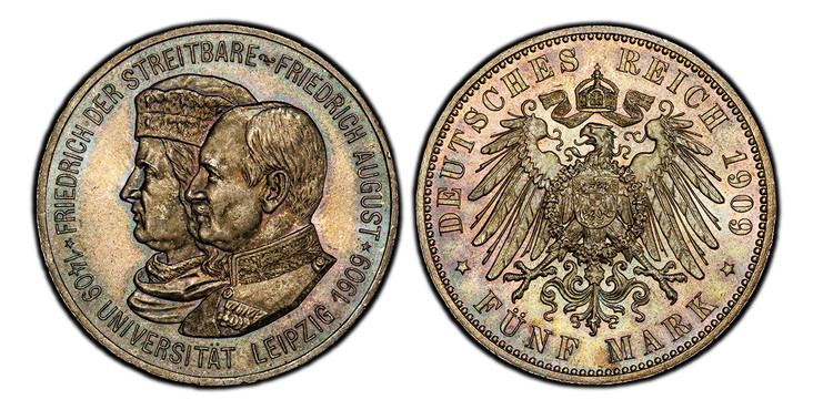 1086627 GERMAN STATES. Saxony-Albertine. Friedrich August III. 1909 AR 5 Mark. PCGS MS67.  Edge: GOTT MIT UNS. Crown Prince Friedrich the Pugracious and Friederich August III left / Crowned imperial eagle with shield on breast. KM 1269; Jaeger 139...