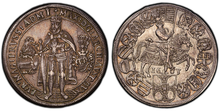 1086113 GERMAN STATES. Teutonic Order. Maximilian. 1603 AR Thaler, 32 Groschen. PCGS AU55.  Hall. Master standing on ground, arms at left, helmet at right / Emperor on horseback in circle of shields, date below. KM 3; Dav.-5848; Moser & Tursky 366...