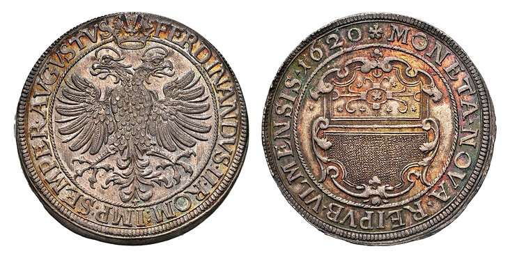 1085168 GERMAN STATES. Ulm. Ferdinand II. (King, 1619-1637). 1620 (P. F. Kling, Mintmaster) AR Thaler. NGC MS65.  29.25gm. Large Spanish arms / Crowned double-headed imperial eagle. KM 15; Dav.-5903; Nau 76a/a; Häberle Abb. 18 variant.
Currently t...
