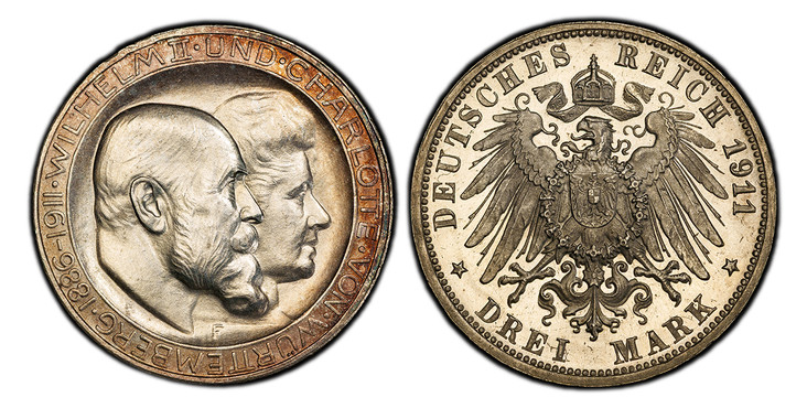1086628 GERMAN STATES. Württemberg. Wilhelm II. (King, 1891-1918). 1911-F AR 3 Mark. PCGS PR65 Cameo.  Freudenstadt. Edge: GOTT MIT UNS. Conjoined heads right, high bar in "H" of "CHARLOTTE" / Crowned imperial eagle with shield on breast. KM 636; ...