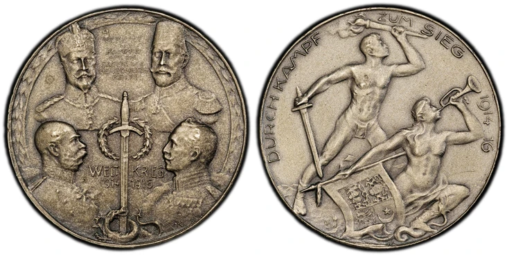 1085792 GERMANY - EMPIRE. Wilhelm II. 1916 AR Medal. PCGS SP65 Matte.  By F. König. Edge: SILBER 990. 33mm. 18.59gm. VEREINT/ IM/ KAMPFE/ FUR DIE/ SACHE DER/ MENSCHUCH/ KEIT!// WEIT-KREIG/ 1914-1916. Four portraits around a sword and laurel / DURC...