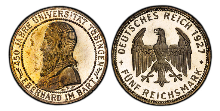 1086629 GERMANY, WEIMAR REPUBLIC. 1927-F AR 5 Reichsmark. PCGS PR64 DCAM (Deep Cameo).  Stuttgart. Bust left within circle / Eagle. KM 55; Jaeger 329.

On the 450th Anniversary of the University of Tübingen.

Please use this link to verify the PCG...