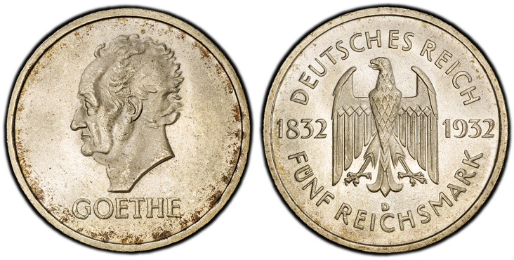 1085100 GERMANY, WEIMAR REPUBLIC. 1932-D AR 5 Reichsmark. PCGS MS64.  Munich. Edge: ALLEN GEWALTEN ZUM TRUTZ SICH ERHALTEN
 (Stand your ground resisting all powers). Eagle divides dates, denomination below / Head left, name below. KM 77; Jaeger 35...