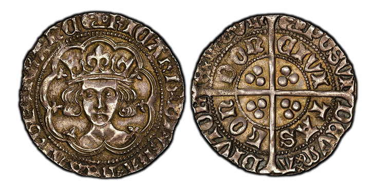 1086716 GREAT BRITAIN. England. Richard III. (King, 1483-1485). (1483-85) ND-(Boar's head, type 2) AR Groat. PCGS AU58.  London. 3.22gm. Crowned facing bust / Long cross pattée; trefoils in quarters. SCBC-2156; North 1679; Winstanley 8.

Currently...