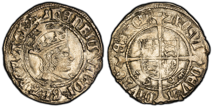 1086654 GREAT BRITAIN. England. Henry VII. (King, 1485-1509). (1504-09)-(Martlet) (Archbishop Bainbridge) AR 1/2 Groat (Twopence). PCGS AU50.  York Mint. 1.69gm. Crowned bust, right / Coat-of-arms over long cross fourchee. SCBC-2262; North 1751/1;...