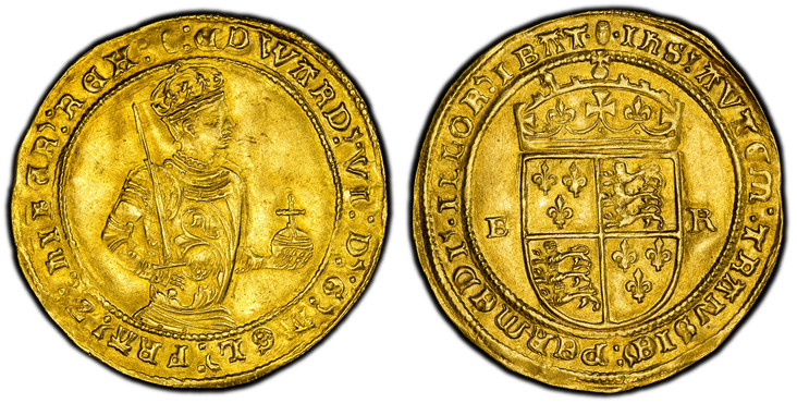 1086712 GREAT BRITAIN. England. Edward VI. (King, 1537-1553). (1551-53)-(Tun) AV Half-Sovereign. PCGS AU58.  5.58gm. Half-length crowned and armored bust, right; holding orb and sword / Crowned shield of arms divides E – R toeither side. SCBC-2451...