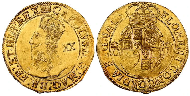 1085909 GREAT BRITAIN. England. Charles I. (King, 1625-49). (1633-34)-(Portcullis) AV Unite. NGC MS64.  Tower mint. 9.18gm. Long haired bust with lace collar and un-jewelled crown, denomination XX behind portrait / Crowned oval shield with crowned...