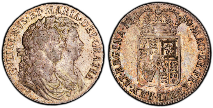 1086485 GREAT BRITAIN. England. William and Mary. (Monarchs, 1689-1694). 1689 AR Halfcrown. PCGS AU55.  London. Edge: PRIMO. First busts of William and Mary, conjoined and facing right / First and fourth quarters quartered with arms of France and ...