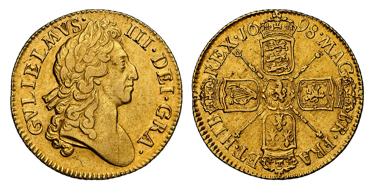 1086030 GREAT BRITAIN. England. William III. (King, 1694-1702). 1698 AV Guinea. NGC AU DetailsCleaned.  GVLIELMVS · - III · DEI · GRA ·. Laureate head right / MAG - BR · FRA - ET · HIB - REX ·. Crowned shields in cruciform, sceptres at angles. KM ...