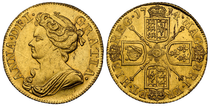 1086818 GREAT BRITAIN. Anne. (Queen, 1702-1714). 1714 AV Guinea. NGC MS62.  ANNA · DEI · - GRATIA ·. Third bust left / MAG - BRI · FR - ET · HIB - REG ·. Crowned shields in cruciform, sceptres at angles. KM 534; SCBC-3574.

Please use this link to...