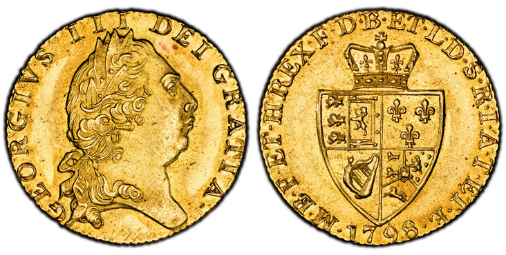 1086103 GREAT BRITAIN. George III. (King, 1760-1820). 1798 AV Guinea. PCGS MS62.  8.36gm. GEORGIVS III DEI GRATIA ·. Laureate head right / F · D · B · ET · L · D · S · R · I · A · T · ET · E · - M · B · F · ET · H · REX ·. Crowned 4-fold spade arm...
