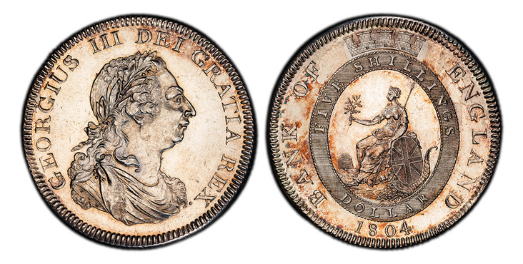 1086595 GREAT BRITAIN. George III. (King, 1760-1820). 1804 AR Bank Dollar (Five Shillings). PCGS MS61.  Soho. Laureate head right / Denomination within crowned oval with seated Britannia at center. KM Tn1; SCBC-3768; ESC-1929.

Prooflike surfaces ...