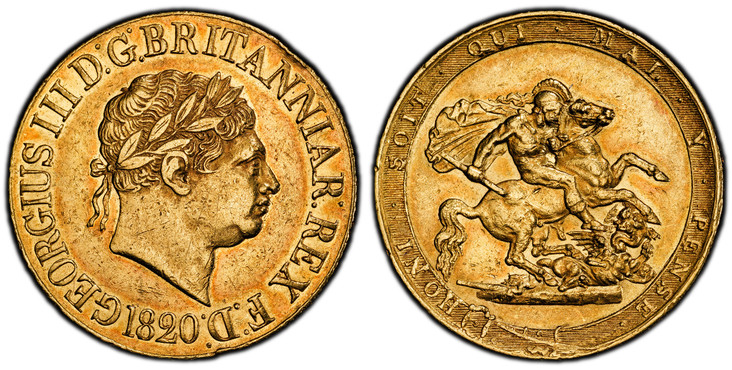 1084983 GREAT BRITAIN. George III. (King, 1760-1820). 1820 AV Sovereign. PCGS AU53.  GEORGIUS III D.F. BRITANNIAR. REX F.D. Laureate head right / St. George slaying the dragon right. KM 674; SCBC-3785C (Closed 2 variety; Fr.-371.

Please use this ...