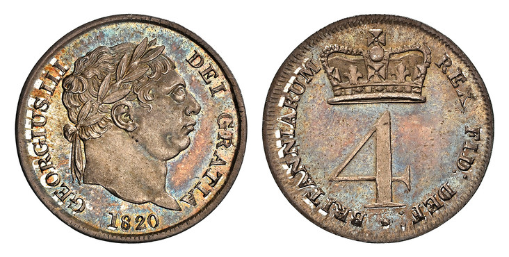 1086337 GREAT BRITAIN. George III. (King, 1760-1820). 1820 AR Maundy Set. NGC MS67-MS66.  GEORGIUS III DEI GRATIA. Laureate head right / BRITANNIARUM REX FID: DEF:. Crowned denomination. SCBC-3792.

Grades as follows: NGC MS67 (Fourpence); NGC MS6...