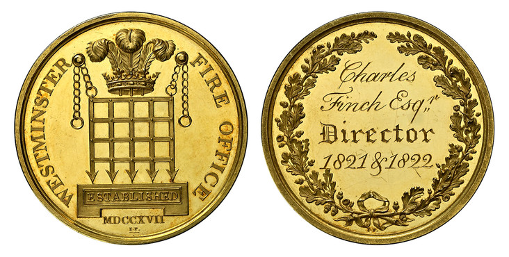 1086320 GREAT BRITAIN. Westminster Fire Office. 1822 AV Medal of 10.5 Ducats Weight. NGC PR63UCAM (Ultra Cameo).  By Lewis Pingo (I.P.). Edge: Plain. 37.23gm. WESTMINSTER - FIRE OFFICE// ESTABLISHED/ MDCCXVII (1717). Plumes with coronet above the ...