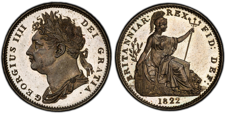 1086596 GREAT BRITAIN. George IV. (King, 1820-1830). 1822 CU Farthing. PCGS PR64.  GEORGIUS IIII DEI GRATIA. Laureate head left / BRITANNIAR. REX: FID: DEF:. Britannia seated right. KM 677. Proof; SCBC-3822.

Struck in coin alignment. Extremely ra...