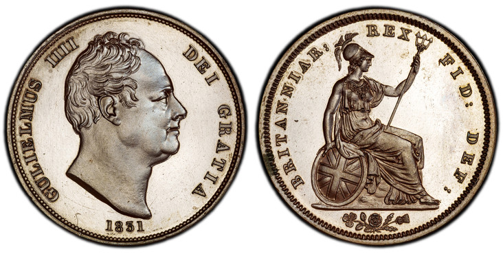 1084759 GREAT BRITAIN. William IV. (King, 1830-1837). 1831 Bronzed Copper Penny. PCGS PR64.  19.007gm. Head, right; plain truncation / Britannia seated right. KM 707a. Proof; SCBC-3845; Peck 1457; Stratos 231.

Please use this link to verify the P...