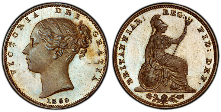 1084762 GREAT BRITAIN. Victoria. (Queen, 1837-1901). 1839 Bronzed Copper Farthing. PCGS PR64.  4.561gm. VICTORIA DEI GRATIA. Head left / BRITANNIAR: REG: FID: DEF:. Britannia seated right. KM 725a. Proof, rare; SCBC-3950; Peck 1556.

Struck in méd...