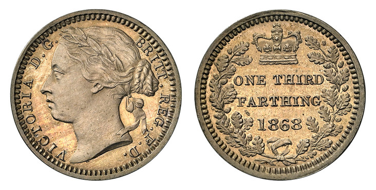 1086659 GREAT BRITAIN. Victoria. (Queen, 1837-1901). 1868 Copper-Nickel Pattern Third-Farthing. NGC PR65.  Bust, left / Crown above denomination and date below all within wreath. KM PnK115 (cf. KM 750); Peck 1930.

Please use this link to verify t...