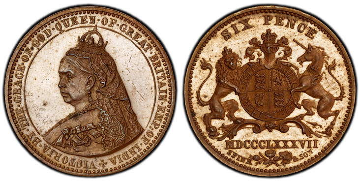 1084659 GREAT BRITAIN. Victoria. (Queen, 1837-1901). MDCCCLXXXVII (1887) CU Pattern Sixpence. PCGS SP64BN (Brown).  By Joseph Rochelle Thomas with Spink & Son. Edge: MADE IN BAVARIA (incuse lettering). 2.63gm. +VICTORIA. BY. THE. GRACE. OF. GOD. Q...