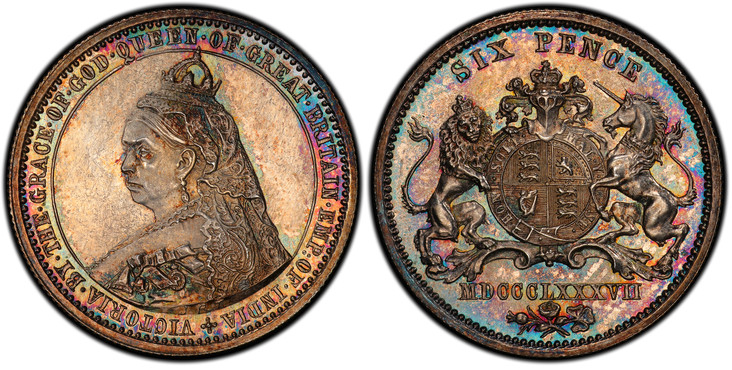 1084663 GREAT BRITAIN. Victoria. (Queen, 1837-1901). MDCCCLXXXVII (1887) AR Pattern Sixpence. PCGS PR65.  By Joseph Rochelle Thomas with Spink & Son. Edge: Reeded. +VICTORIA. BY. THE. GRACE. OF. GOD. QUEEN. OF. GREAT. BRITAIN. EMP: OF. INDIA. Crow...