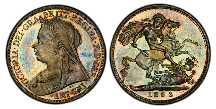 1087238 GREAT BRITAIN. Victoria. (Queen, 1837-1901). 1893 AR Crown. PCGS PR65.  Edge: DECVS ET TVTAMEN ANNO REGNI. VICTORIA · DEI · GRA · BRITT · REGINA · FID · DEF · IND · IMP. Mature draped bust left / St. George slaying dragon right. KM 783. Pr...