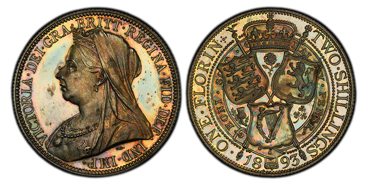 1087240 GREAT BRITAIN. Victoria. (Queen, 1837-1901). 1893 AR Florin, Two Shillings. PCGS PR65.  Edge: Reeded. VICTORIA · DEI · GRA · BRITT · REGINA · FID · DEF · IND · IMP ·. Mature draped bust left / Crowned shields of England, Scotland and Irela...