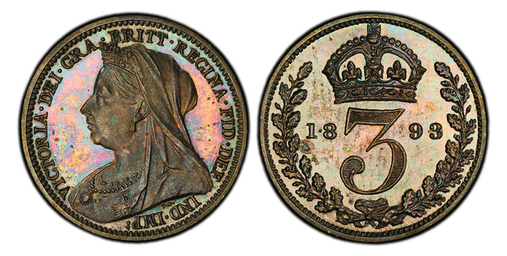 1087243 GREAT BRITAIN. Victoria. (Queen, 1837-1901). 1893 AR Threepence. PCGS PR66 Cameo.  Mature draped bust left / Crowned denomination divides date within oak wreath. KM 777; SCBC-3942.

Please use this link to verify the PCGS certification num...