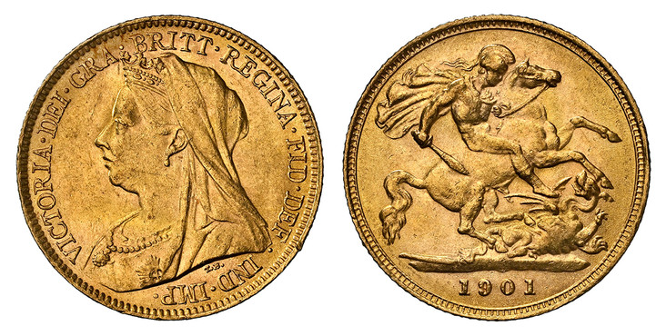 1085283 GREAT BRITAIN. Victoria. (Queen, 1837-1901). 1901 AV Half-Sovereign. NGC MS64.  VICTORIA · DEI · GRA · BRITT · REGINA · FID · DEF · IND · IMP ·. Mature draped bust left / St. George slaying the dragon right. KM 784; SCBC-3878; Fr.-397.

Pl...