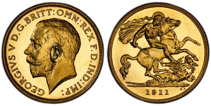 1086574 GREAT BRITAIN. George V. (King, 1910-1936). 1911 AV Half-Sovereign. PCGS PR66 Cameo.  Head left / St. George slaying the dragon. KM 819. Proof; SCBC-4006; Fr.-405a.

Please use this link to verify the PCGS certification number <a href="htt...