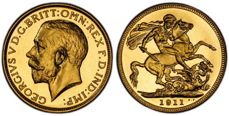 1086575 GREAT BRITAIN. George V. (King, 1910-1936). 1911 AV Sovereign. PCGS PR66 Cameo.  Head left / St. George slaying the dragon. KM 820. Proof; SCBC-3996; Fr.-404.

Please use this link to verify the PCGS certification number <a href="http://ww...