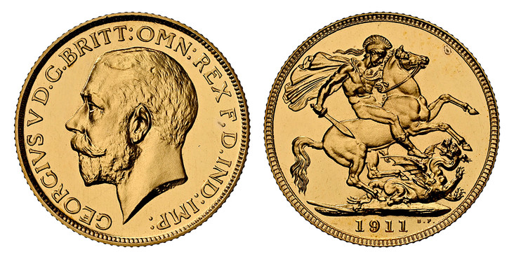 1086576 GREAT BRITAIN. George V. (King, 1910-1936). 1911 AV Sovereign. NGC PR65 Cameo.  Head left / St. George slaying the dragon. KM 820. Proof; SCBC-3996; Fr.-404.

Please use this link to verify the NGC certification number <a href="https://www...