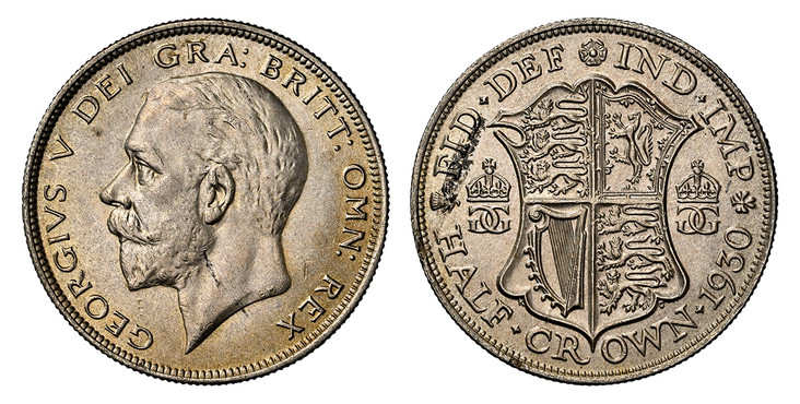 1084872 GREAT BRITAIN. George V. 1930 AR Halfcrown. NGC MS65.  London. Edge: Reeded. 32mm. GEORGIVS V DEI GRA: BRITT: OMN: REX. Head left / * FID+ DEF * IND+ IMP * / HALF+ CROWN+ (date). Quartered shield flanked by crowned monograms. KM 835; SCBC-...