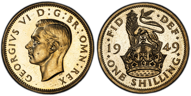 1086156 GREAT BRITAIN. George VI. (King, 1936-1952). 1949 Copper-Nickel Shilling. PCGS PR65 Cameo.  Edge: Reeded. 23.5mm. 5.62gm. Head left / English crest; lion atop crown dividing date. KM 876. Proof; SCBC-4108; ESC-4194 (Bull, R4).

Very rare; ...